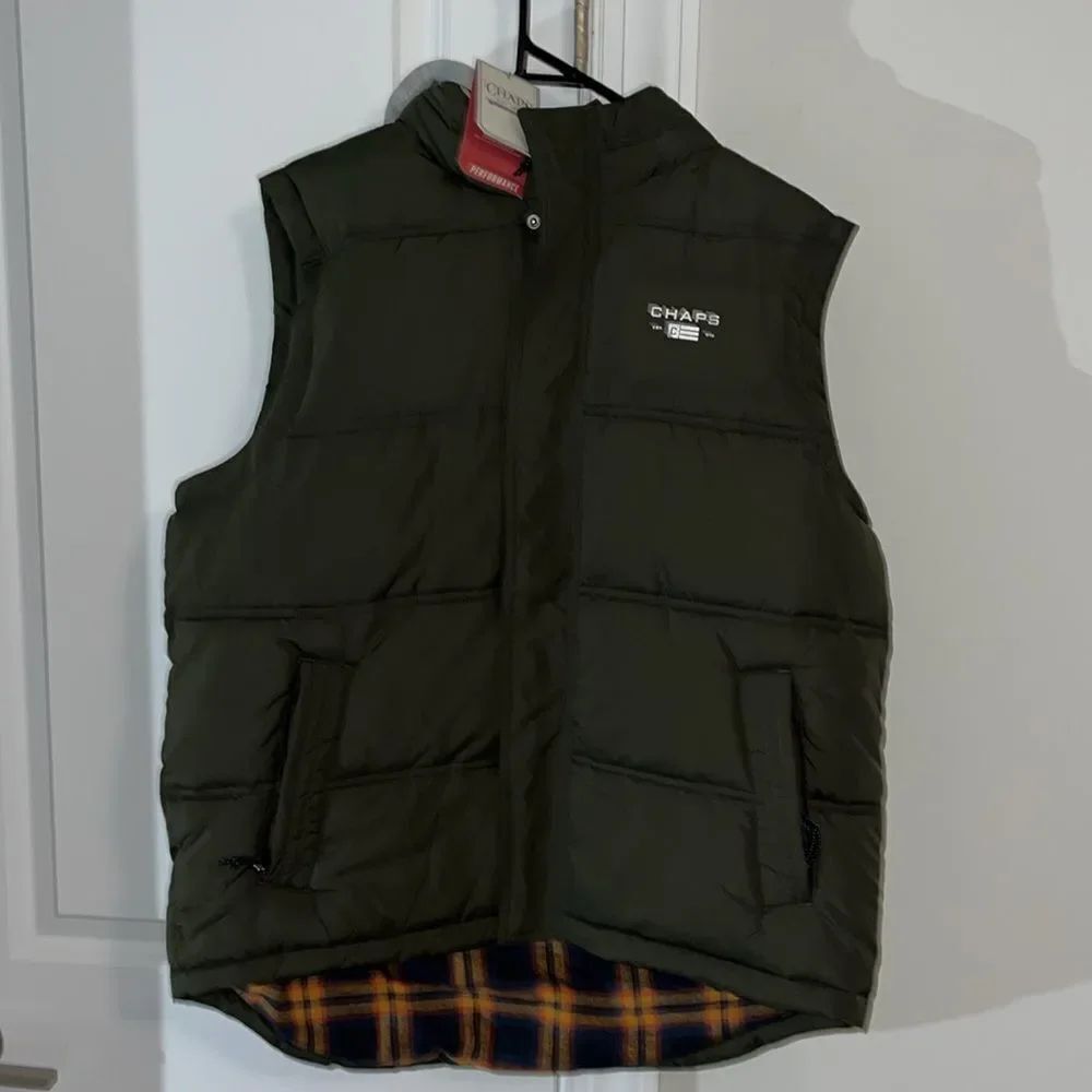 New Olive Green CHAPS Performance Flannel Lined Hooded Puffy Puffer Vest Jacket